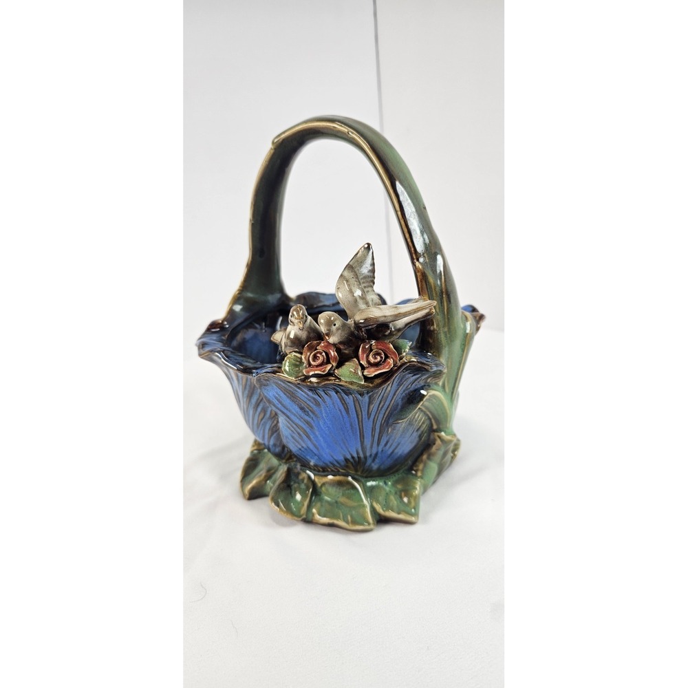 Vintage‎ Majolica Style Ceramic Bird Basket Planter Blue Floral Basket Roses